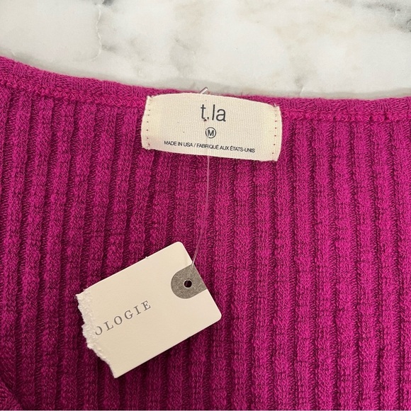 Y2K Anthropologie T.La Cinched V-Neck Top Magenta Pink Textured Ribbed Knit M - Picture 10 of 10